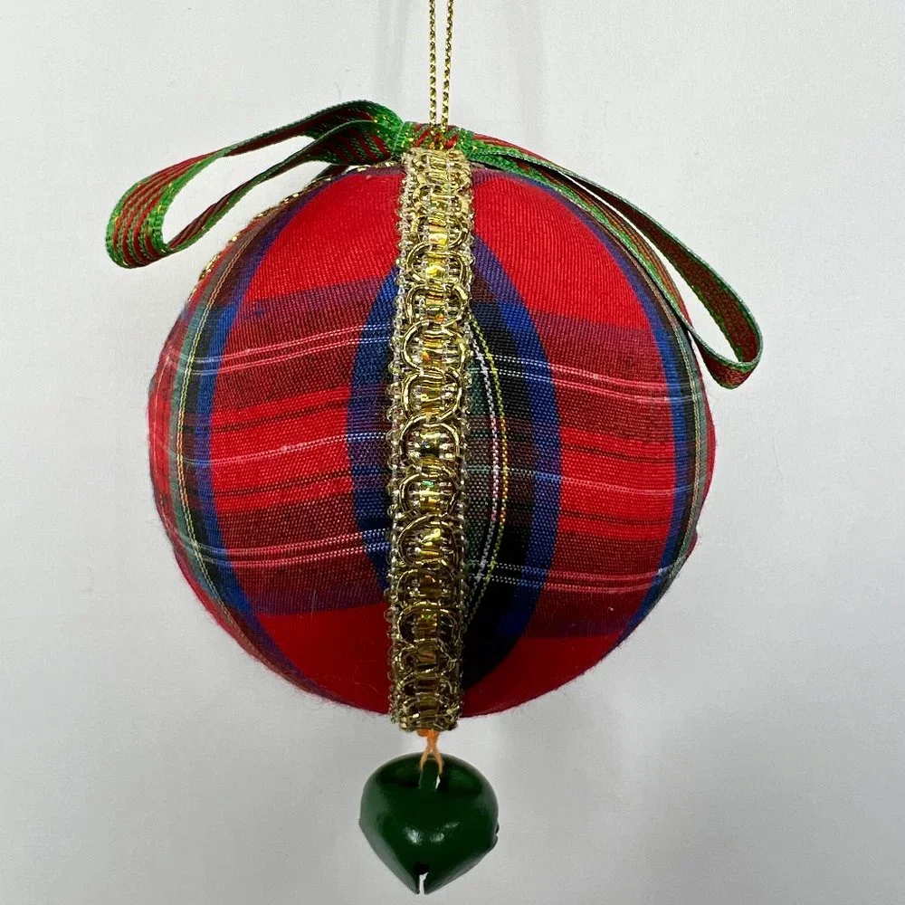Vintage Hand Made Christmas Ball Ornament 4”long Red Plaid Bow Green Jingle Bell